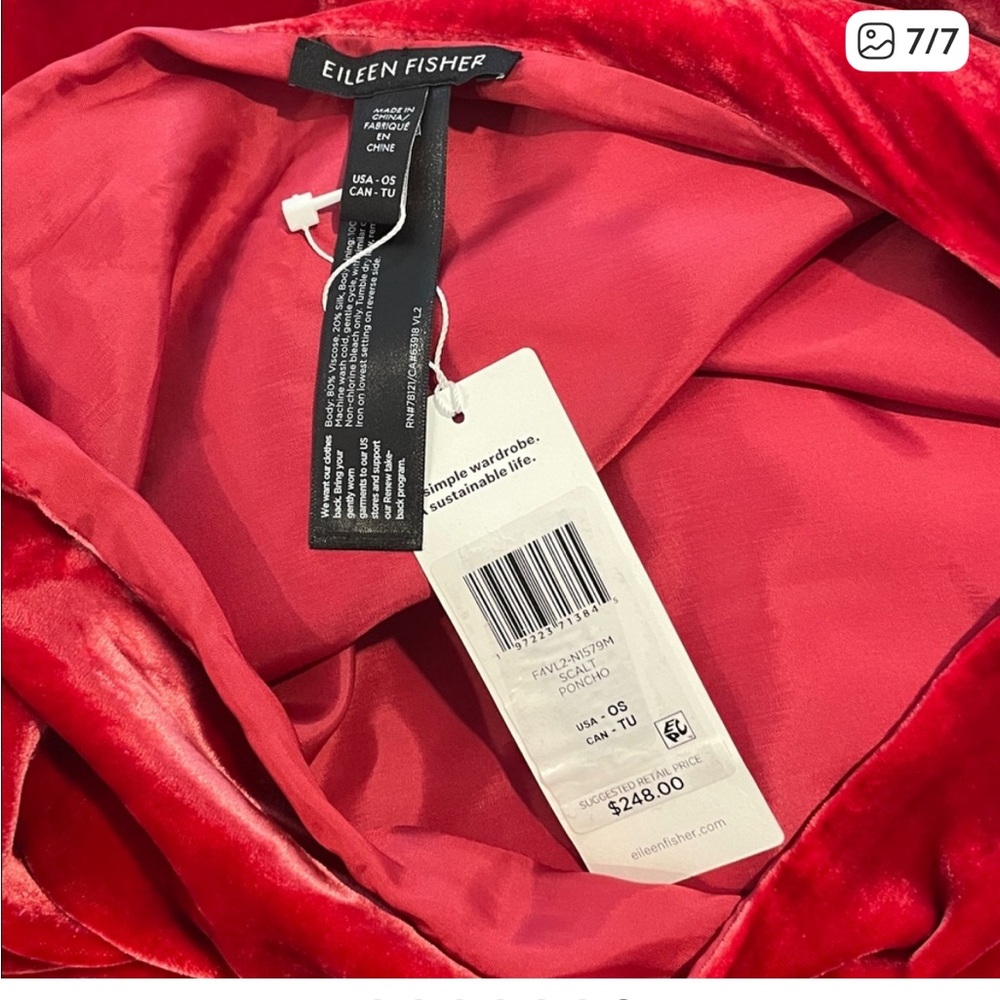 EILEEN FISHER Red Velvet Silk Poncho, NWT - Picture 7 of 7